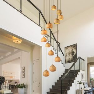 Art Bamboo Ceiling Light Boho Hand Woven Basket Wicker Hanging Lamp Villa Home Hotel Lobby Dining Staircase Modern Pendant Light