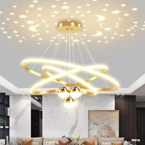 Modern Luxury Iron 85-265V Chandeliers Light 3 Rings 20 40 60cm+3 Bulbs with Moon and Stars Effect Dining Pendant Light for Home