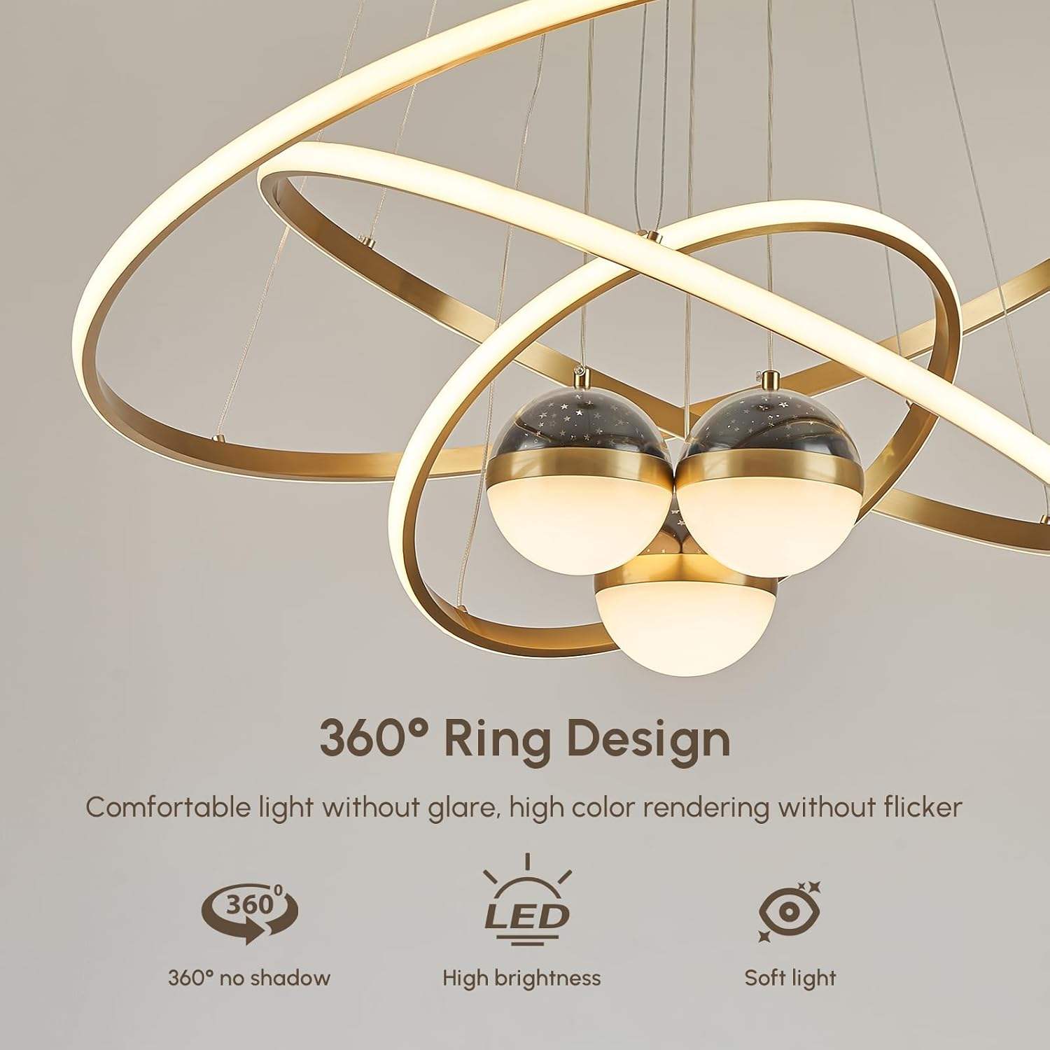 Starry Reflection Decor 3 Ring Dimmable Kitchen Hotel Living Room LED Modern Hanging Ceiling Lamps Chandeliers Pendant Lights - 图片 3