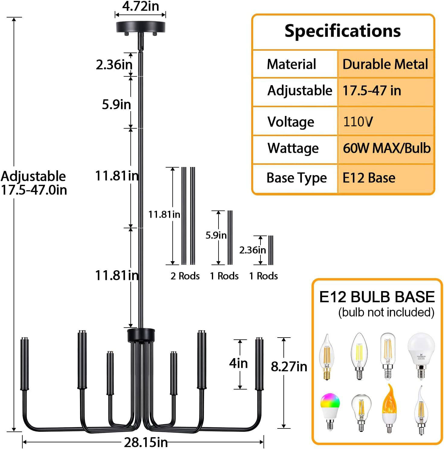 Black Chandeliers Pendant Lights Living Room Bedroom Foyer Entryway Dining Room Hanging Lighting Fixtures Modern Chandelier - 图片 2